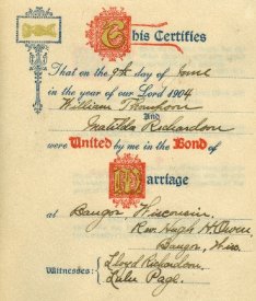Wedding Certificate for William & Mathilda Thompson, 1904